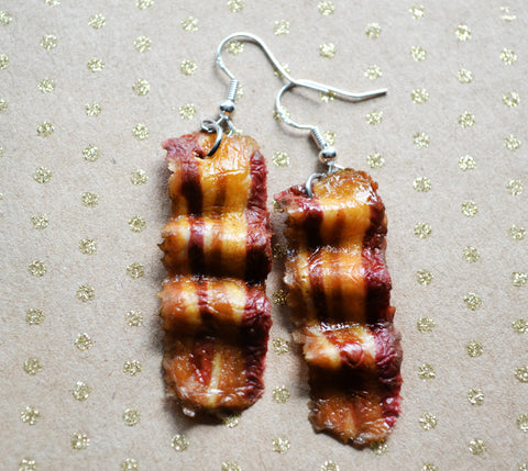 Bacon Polymer Clay Miniature Food Earrings, Hook Earrings, Dangle Earrings